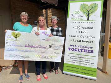 Anne Coulter and Kathy Armstrong from Members of 100 Women Who Care CK present a cheque to Karen Hunter (centre) the Executive Director of the Chatham-Kent Women's Centre. (Photo submitted by 100 Women Who Care Chatham-Kent)