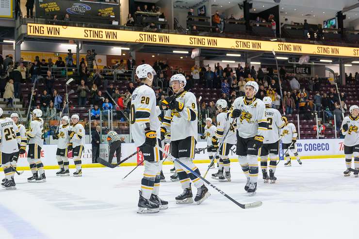 Barrie Colts at Sarnia Sting, Dec 6, 2023. Photo by Metcalfe Photography. 