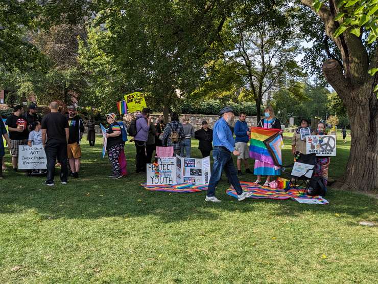 Demonstrators in support of the LGBTQ+ community gather at Dieppe Gardens, Windsor, September 20, 2023. Photo by Mark Brown/WindsorNewsToday.ca.