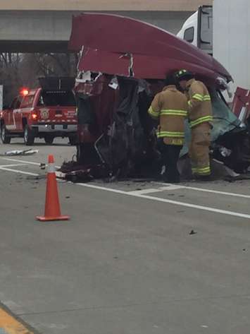 A crash on Hwy. 402 westbound near Christina St.,  February 21, 2018. (Photo courtesy of Aaron Zimmer)