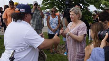 Ontario NDP Leader Andrea Horwath gives a thumbs-up to a Sarnia-Lambton supporter. May 30, 2018. (Photo by Colin Gowdy, BlackburnNews)