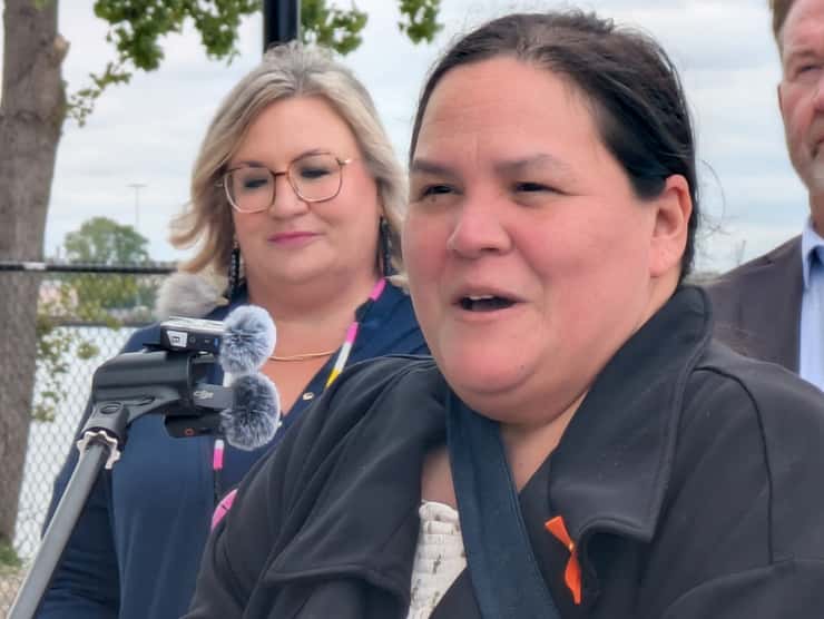Chief Leela Thomas of Walpole Island First Nation speaks as Chief Nikki van Oirschot of Caldwell First Nation listens during the dedication of a pier on the Detroit River, May 20, 2026. Photo by Mark Brown/WindsorNewsToday.ca.