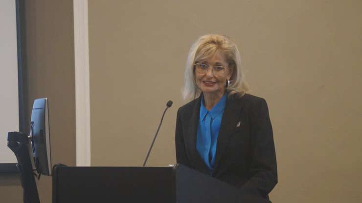 Former Lambton College President and CEO Judith Morris speaks at a luncheon remembering Andy Brandt. January 18, 2024. Blackburn Media photo by Melanie Irwin 