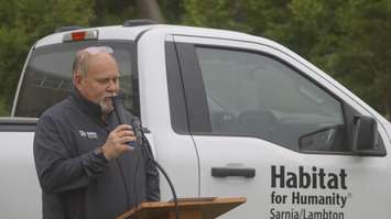 Habitat Sarnia-Lambton CEO David Waters speaks during a groundbreaking ceremony in Sarnia. 8 June 2023. (Photo by Sarnia News Today)