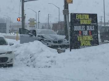 Crash at Exmouth St. and Lambton Mall Rd. Feb. 7, 2018 (BlackburnNews.com photo by Aaron Zimmer)