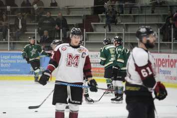The Chatham Maroons warm up ahead of a playoff game against the St. Thomas Stars. March 5, 2017. (Photo by Matt Weverink)
