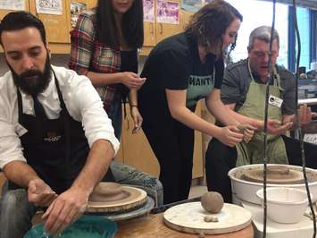 K 106.3's Matt Sampaio and Dave Burrows participate in the Bowl-a-Thon pottery event leading up to its Empty Bowls fundraiser in March. February 10, 2017 (BlackburnNews.com Photo by Melanie Irwin)