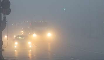 Vehicles travelling in the fog through downtown London, November 24, 2022. (Photo by Miranda Chant, Blackburn Media)