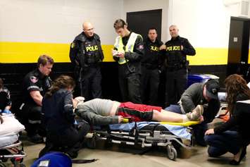 A mass casualty simulation is staged at Sarnia's Progressive Auto Sales Arena for Lambton College students. April 13, 2017 BlackburnNews.com photo by Meghan Bond.