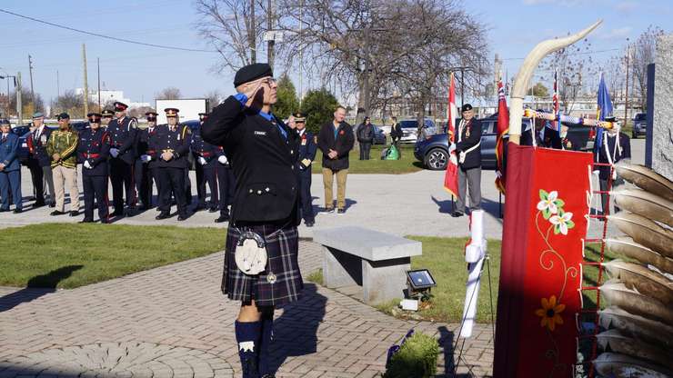 Poppies are placed at the Aamjiwnaang cenotaph. November 10, 2023. (Photo by Natalia Vega)