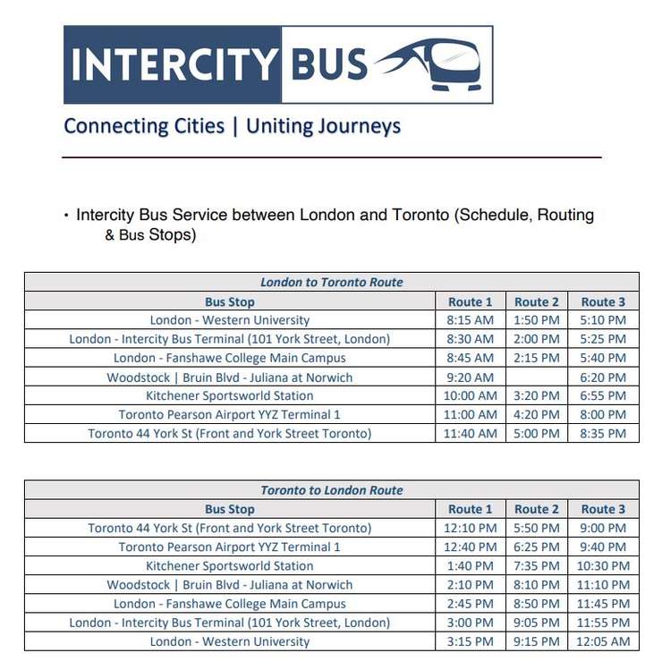 Intercity Bus schedule London to Toronto. (Photo courtesy of Intercity Bus)