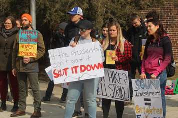 University of Windsor students participate in a rally coinciding with a walkout to protest planned OSAP cuts at the CAW Student Centre, March 20, 2019. Photo by Mark Brown/Blackburn News.