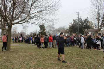 View from behind the crowd at Chatham-Kent Secondary as students protest of changes being made to education by the Ford government. April 4, 2019. (Photo by Greg Higgins)