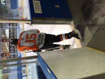 A Drayton player returns to the ice after an intermission. (Photo by Marty Thompson)