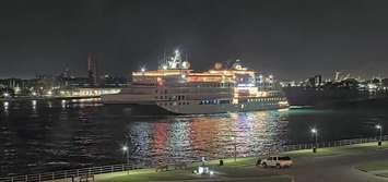 The Hanseatic Inspiration on the St. Clair River near the Blue Water Bridge. 21 May 2023. (Photo from the Port Huron StreamTime LIVE camera)