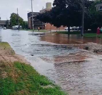 Water main break on Colborne Road July, 29 2021. Photo courtesy of Randi Margaret. 