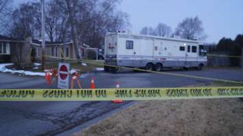 Sarnia Police at the scene of a homicide on Lee Court. 14 January 2021. (BlackburnNews.com photo by Colin Gowdy)