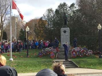 The Wingham Cenotaph, with all the commemorative wreaths laid at the base of the statue, after the conclusion of the Remembrance Day ceremonies. (Photo by Ryan Drury)