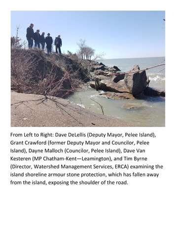 Chatham-Kent-Leamington MP Dave Van Kesteren, in hat, checks out shoreline erosion with representatives from Pelee Island and ERCA on Pelee Island, April 20, 2018. Photo courtesy of Adam Roffel.
