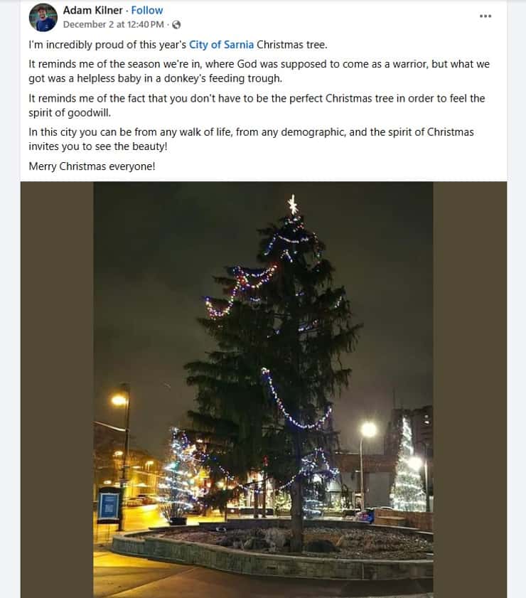 Sarnia Councillor Adam Kilner posts aboout city hall Christmas tree. December 2, 2025. (Screenshot from Kilner's Facebook page)