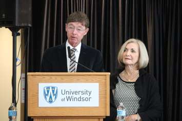 Stephen and Vicki Adams speak at the grand opening of UWindsor's new Welcome Centre, October 2, 2015. (Photo by Mike Vlasveld)
