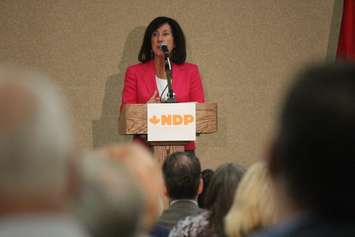 Windsor-Tecumseh NDP candidate Cheryl Hardcastle speaks at a debate, September 30, 2015. (Photo by Jason Viau)
