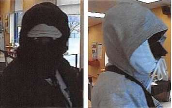 Surveillance image of two  suspects wanted in relation to the RBC bank robbery in Scotland, April 6, 2018. Photo courtesy of OPP.