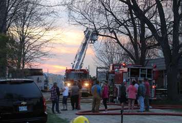 Area fire departments battle blaze at dairy farm in Tecumseh, April 18, 2016. (Photo by Maureen Revait) 