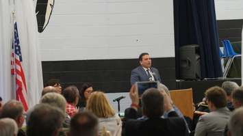 Assembly of First Nations National Chief Perry Bellegarde speaks at a historic signing ceremony  to resolve outstanding issues regarding the former Camp Ipperwash lands. April 14, 2016 (BlackburnNews.com Photo by Briana Carnegie)