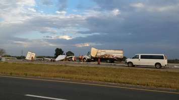 Crash on WB Hwy 402 Oct 20, 2015. Photo courtesy of Sarnia Police via Twitter.