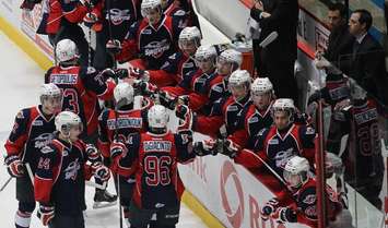 Windsor Spitfires bench celebrates a goal on home ice, March 6, 2014.