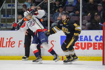 Sarnia Sting forward Angus MacDonell in Game 6 of the club's first round playoff matchup against the Windsor Spitfires.  1 May 2022.  (Metcalfe Photography) 