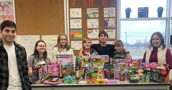Mr. Cicchelli’s Grade 7/8 class at Holy Trinity taking part in the Enactus Lambton Toy Drive. December 2022. Photo from Twitter