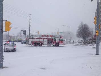 City police, fire and ambulance respond to a crash at Finch and Wellington in Sarnia. March 27, 2015 (BlackburnNews.com photo by Melanie Irwin)