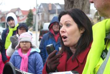 Windsor West MPP Lisa Gretzky speaks at a rally supporting striking public health nurses in Windsor, March 15, 2019. Photo by Mark Brown/Blackburn News.