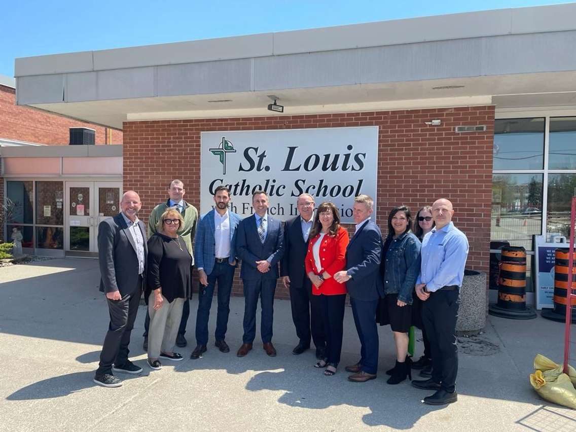 Education Minister Stephen Lecce attends St. Louis Catholic Elementary School in Leamington after a $7.6-million tender for an addition was approved. May 05, 2023. Photo supplied by the office of Trevor Jones, MPP for Chatham-Kent-Leamington.