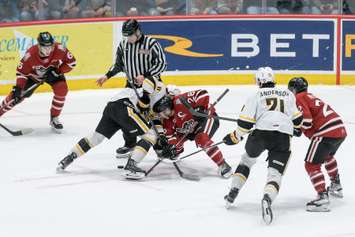 The Sarnia Sting taking on the Guelph Storm in Game 3 of the opening round playoff series. 4 April 2023. (Metcalfe Photography)