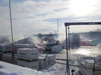 A rear storage warehouse at Hully Gully on Wharncliffe Rd. destroyed by fire, December 28, 2017. (Photo by Miranda Chant, Blackburn News)