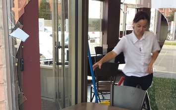 Damages after deer crashes through Tim Hortons window in downtown Chatham, June 11, 2015. (Photo courtesy of Murray Holland)