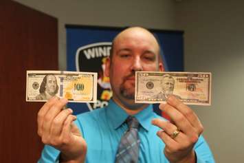 Counterfeit money found by the Windsor Police Service on display at media conference, December 1, 2015 (Photo by Maureen Revait) 