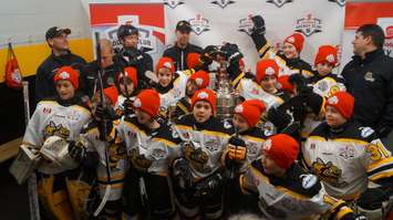 Major Atom Lambton Sting AAA surprised with the Stanley Cup before practice. Dec.16, 2015. Photo by Jake Jeffrey (blackburnnews.com)