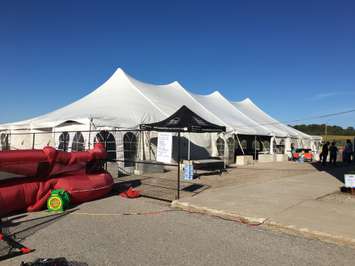 The big event tent next to the Clinton Arena for the Huron County Hockey Day hosted by Tanner Steffler Foundation. September 14th, 2019 (Photo by Ryan Drury)
