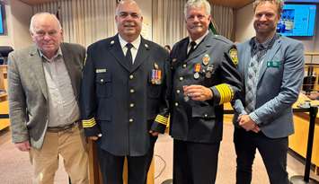 (Left to right) Councillor Ross O’Hara, Deputy Chief (retired) Darren Allan, Chief Rick Cousins and Councillor Chad Hyatt. Image submitted by the Town of Petrolia.