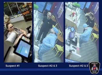 Security camera images of three people suspected of passing counterfeit money. Images provided by LaSalle police.