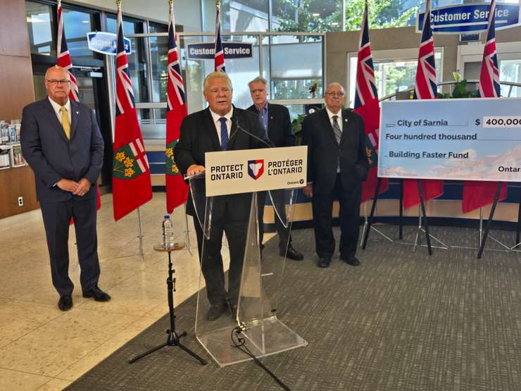 Ontario Premier Doug Ford presents a $400,000 cheque to Sarnia under the Building Faster Fund - August 21/25 (Sarnia News Today photo by Josh Boyce)