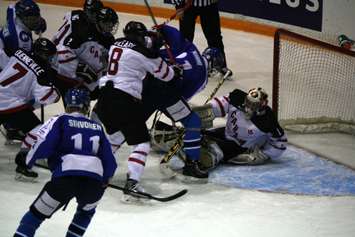 Action around the Canadian goal, Canada White vs Finland U-17 Nov. 2, 2014 at the RBC Centre. (BlackburnNews.com photo by Dave Dentinger)