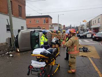 Fire crews work to extricate the driver from a pickup truck, following a rollover crash in Delhi, January 18, 2019. (Photo courtesy of the OPP via Twitter)