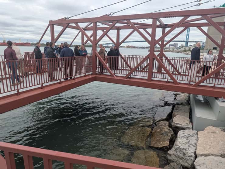 A new pier is dedicated at the foot of Mill Street on the Detroit River, May 20, 2026. Photo by Mark Brown/WindsorNewsToday.ca.