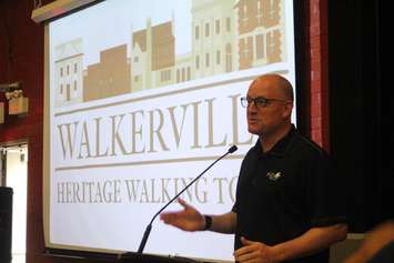 Windsor Mayor Drew Dilkens explains the new online Walkerville walking tour at Walkerville Brewery, July 19, 2019. Photo by Mark Brown/Blackburn News.