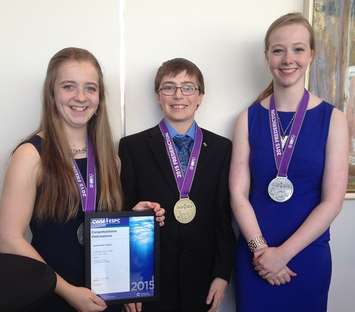 Bluewater District School Board Students Win Medals at Canada Wide Science Fair in New Brunswick.
Left to right:  Katherine Teeter of Grey Highlands Secondary School,  Kyle Teeter of MacPhail Memorial Elementary School, and Megan Thomson of Bruce Peninsula District School. 
Photo submitted.